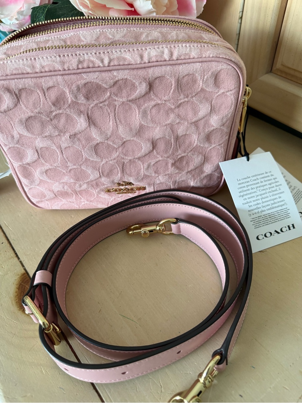 Coach Carey Pink Signature Denim Crossbody Bag with Gold Hardware w/ ID car